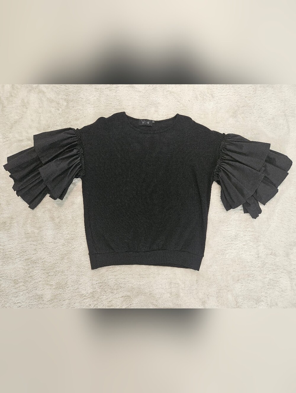 Black Ruffle Blouse Size 2 Bohemian Avant Garde Spanish Monochrome Knit - Picture 2 of 8